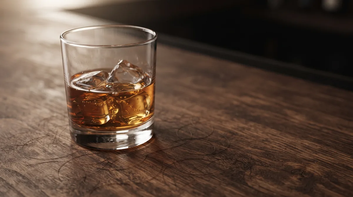 Close-up of whiskey glass on dark wood surface with scattered hair strands beside it, moody lighting emphasizing the connection between alcohol consumption and hair health