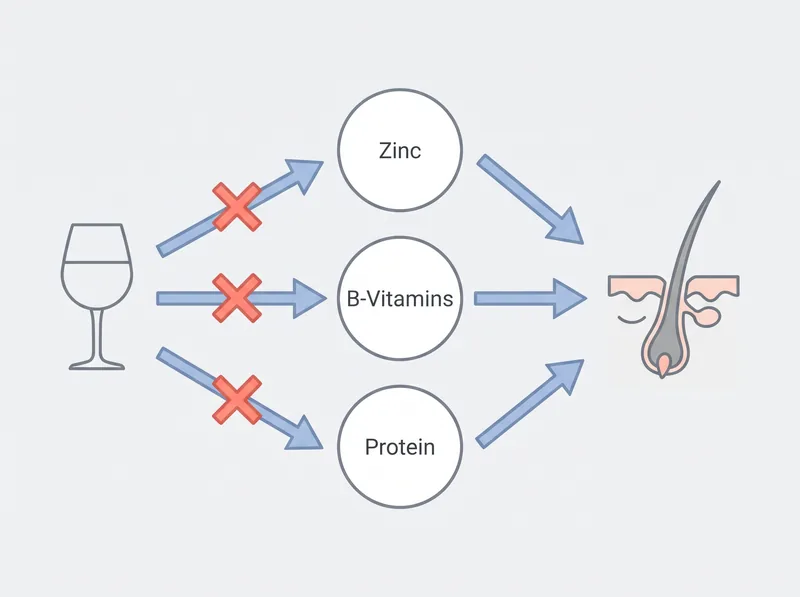Educational diagram showing how alcohol consumption interferes with zinc, B-vitamin, and protein absorption pathways critical for hair follicle function