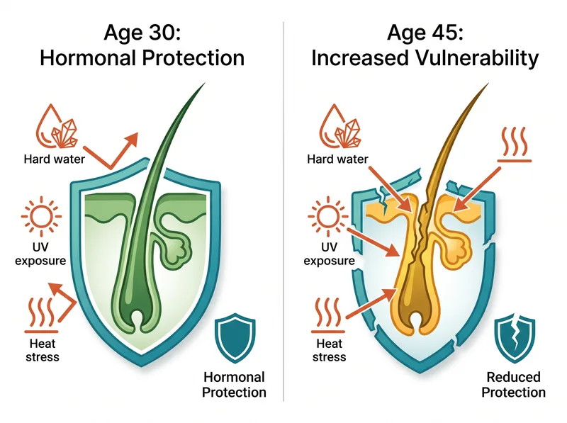 Comparison chart showing how environmental stressors affect hair differently before and after hormonal decline