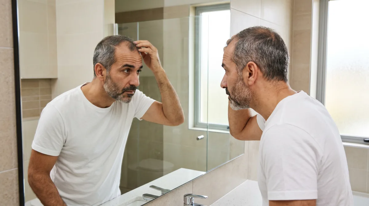 Man in his 40s examining hairline in mirror with concerned expression in modern bathroom