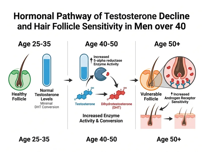 Educational diagram showing testosterone conversion to DHT and follicle sensitivity changes after 40