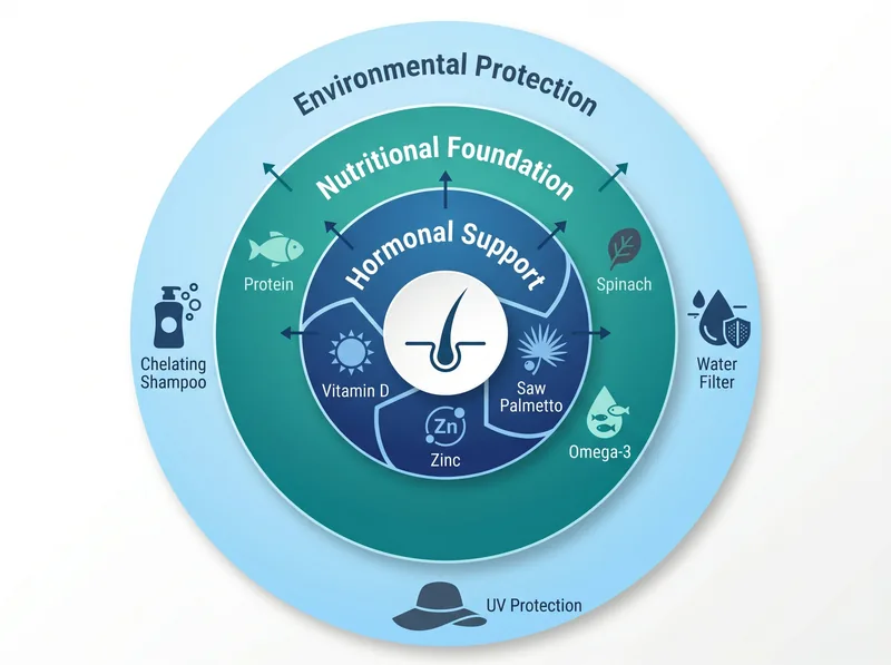 Layered protection system diagram for men over 40 showing hormonal, nutritional, and environmental defense