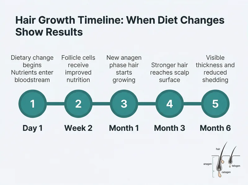 Timeline showing when dietary changes affect hair growth from follicle to visible results
