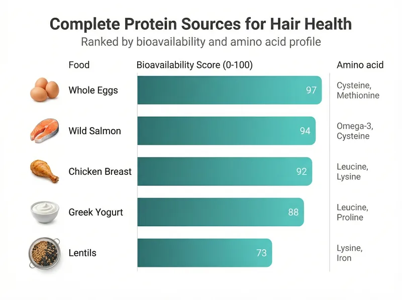 Comparison chart showing complete protein sources for hair health including eggs, fish, chicken, and plant proteins
