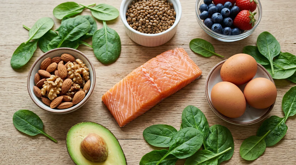 Overhead view of nutrient-dense foods arranged on a wooden table including salmon, eggs, spinach, nuts, and berries