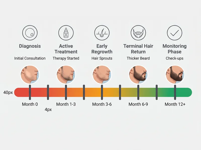 Infographic timeline showing alopecia barbae recovery phases from diagnosis through 12-month regrowth