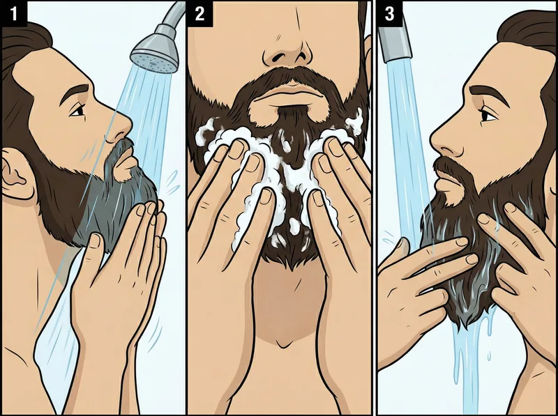 Step-by-step visual guide showing proper chelating shampoo application technique for beard care