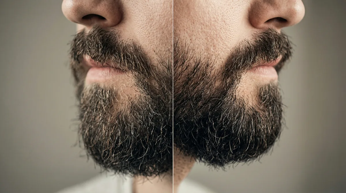 Close-up of a well-groomed beard showing texture contrast between mineral-coated and clean sections in natural lighting