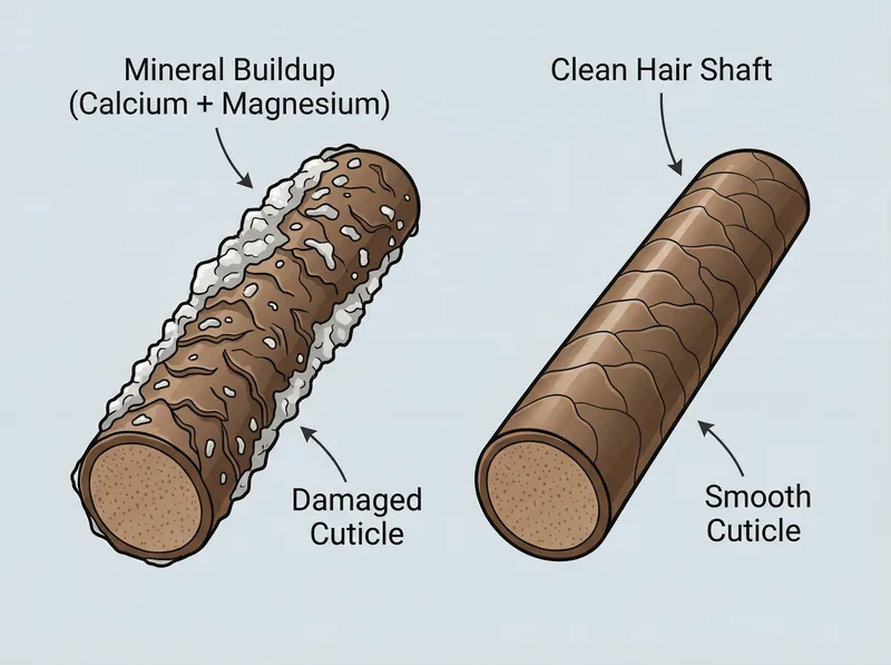 Educational diagram showing calcium and magnesium mineral deposits coating beard hair shaft versus clean hair shaft