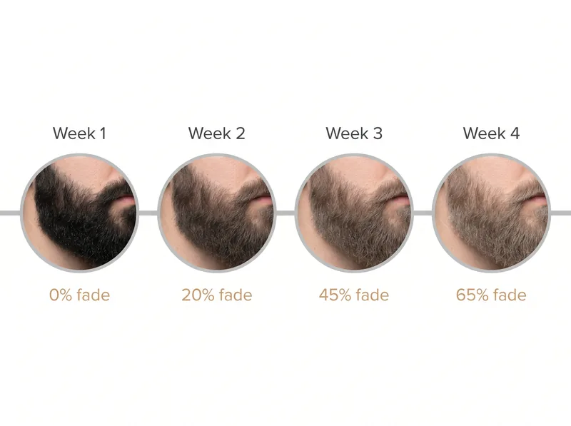 Timeline infographic showing beard dye fade progression from week one through week four in hard water conditions