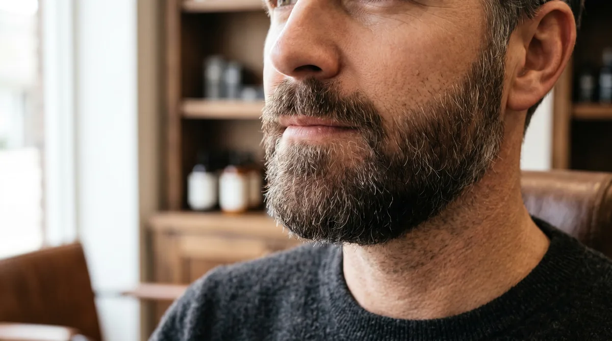 Close-up comparison of naturally graying beard versus professionally dyed beard showing realistic color gradation