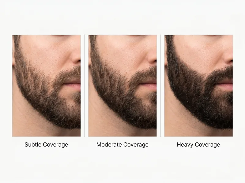 Side-by-side comparison chart showing three beard dye application results from subtle to obvious coverage
