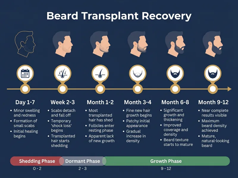 Timeline infographic showing beard transplant recovery stages from day 1 to month 12