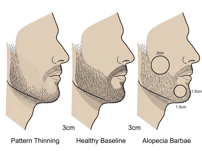 Educational diagram showing three beard profiles illustrating normal pattern thinning versus circular alopecia barbae patches