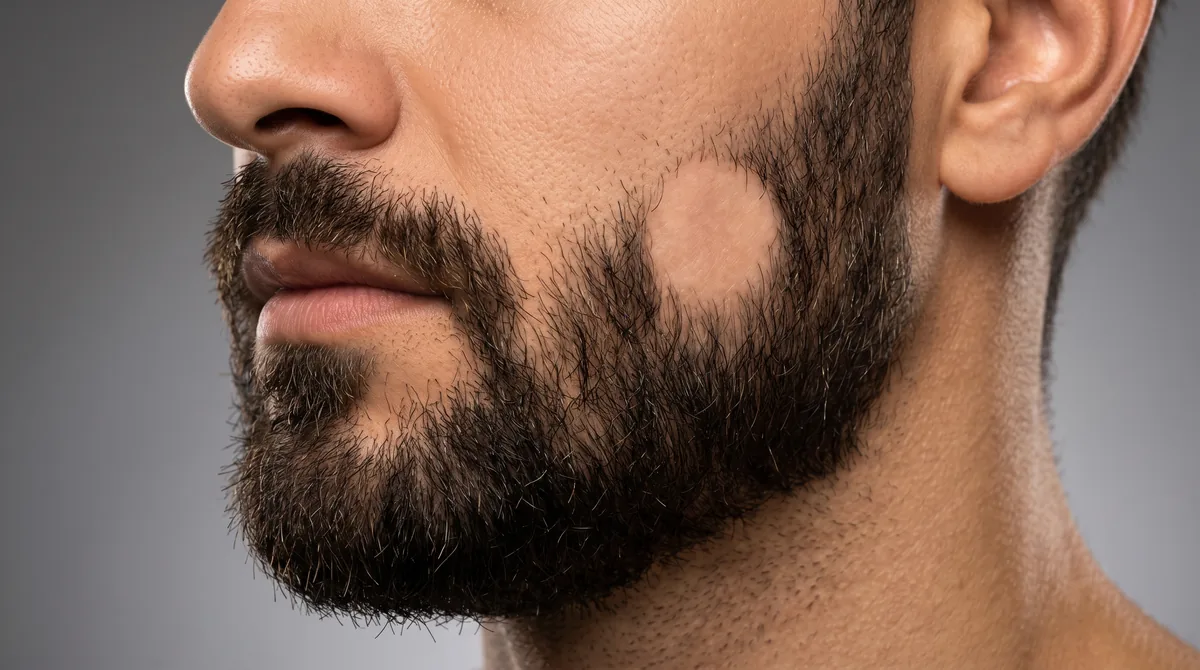 Close-up of man's jawline showing patchy beard with distinct bald spot, clinical lighting highlighting follicle detail