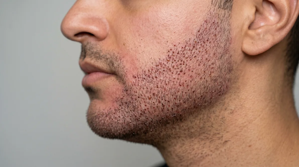 Close-up of a man's jawline showing healing beard transplant grafts with visible small scabs in a clean, clinical setting