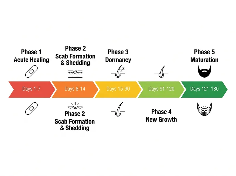 Timeline infographic showing the five phases of beard transplant recovery from Day 1 to Day 180