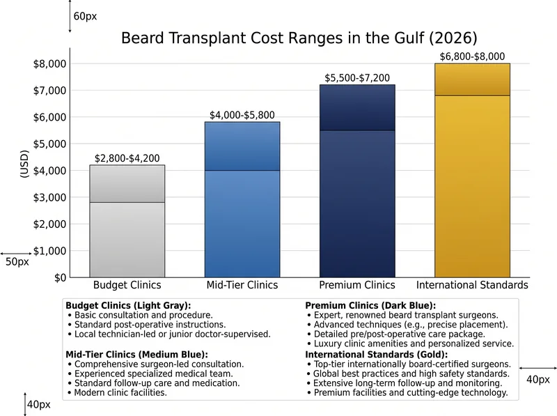 Bar chart comparing beard transplant costs across Gulf countries with procedure breakdown
