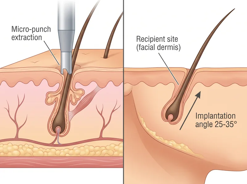 Medical illustration showing FUE follicle extraction process from donor area to beard recipient sites