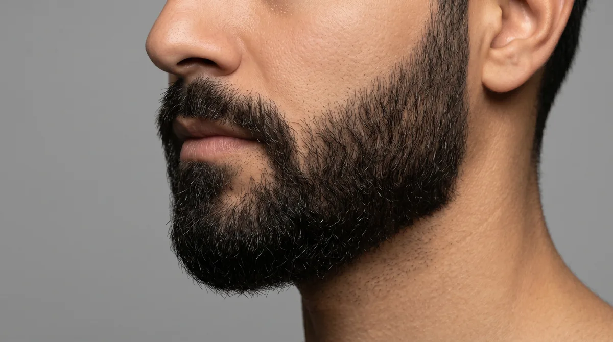 Close-up profile view of a man's jawline showing a full, well-groomed beard against neutral background