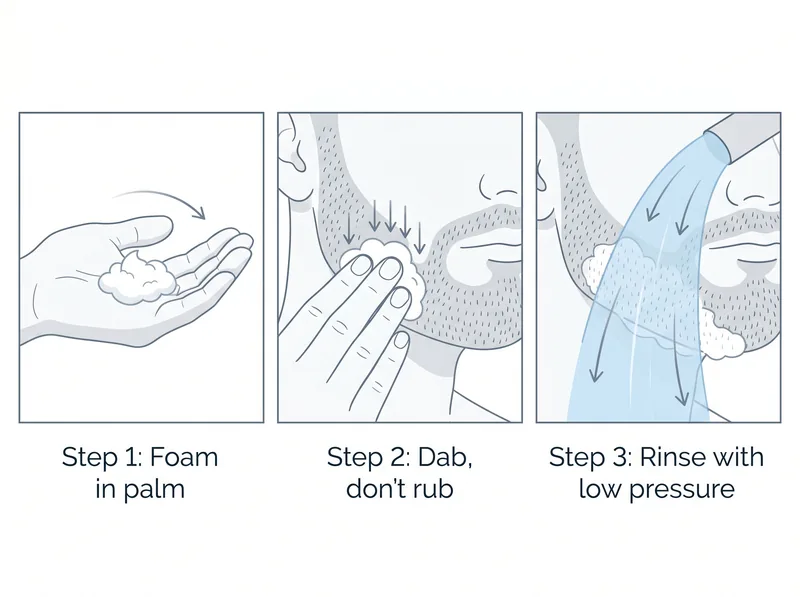 Step-by-step diagram showing proper gentle washing technique for beard transplant grafts