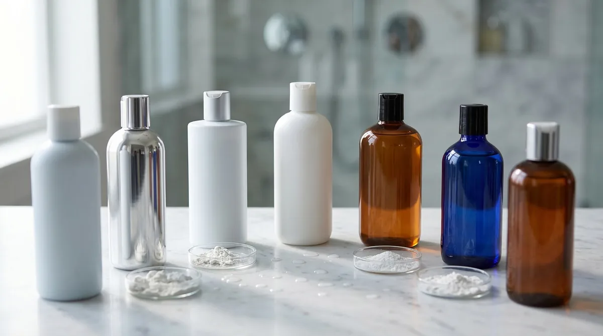 Seven chelating shampoo bottles arranged on white marble surface with water droplets and mineral deposit samples
