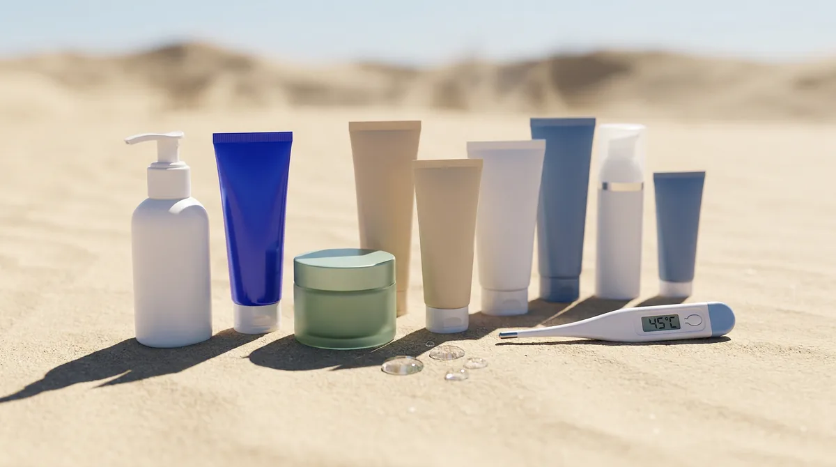 Array of face moisturiser bottles and tubes arranged on desert sand under harsh sunlight with heat shimmer visible in background