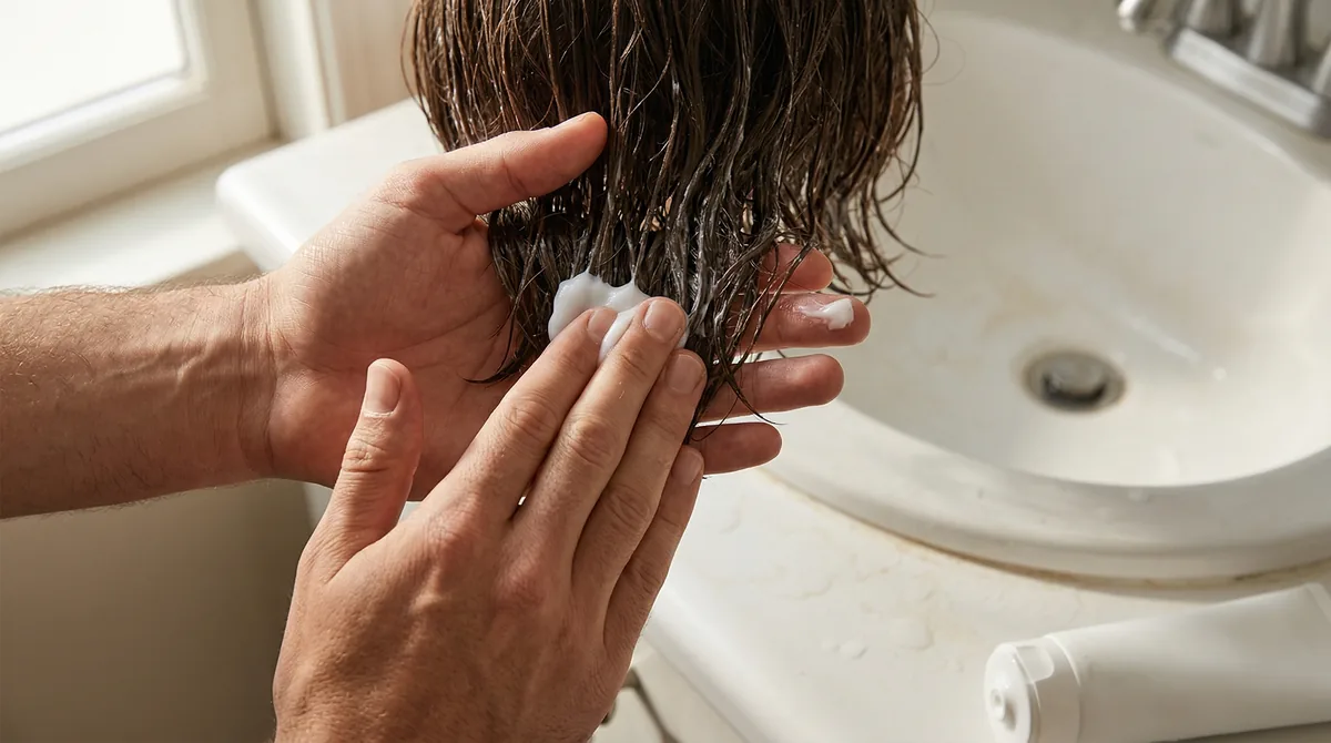 Male hands applying white protein treatment mask to damp dark hair over bathroom sink with hard water stains visible