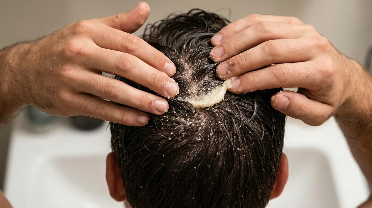 Close-up of hands applying granular scalp scrub to wet hair showing texture and application technique
