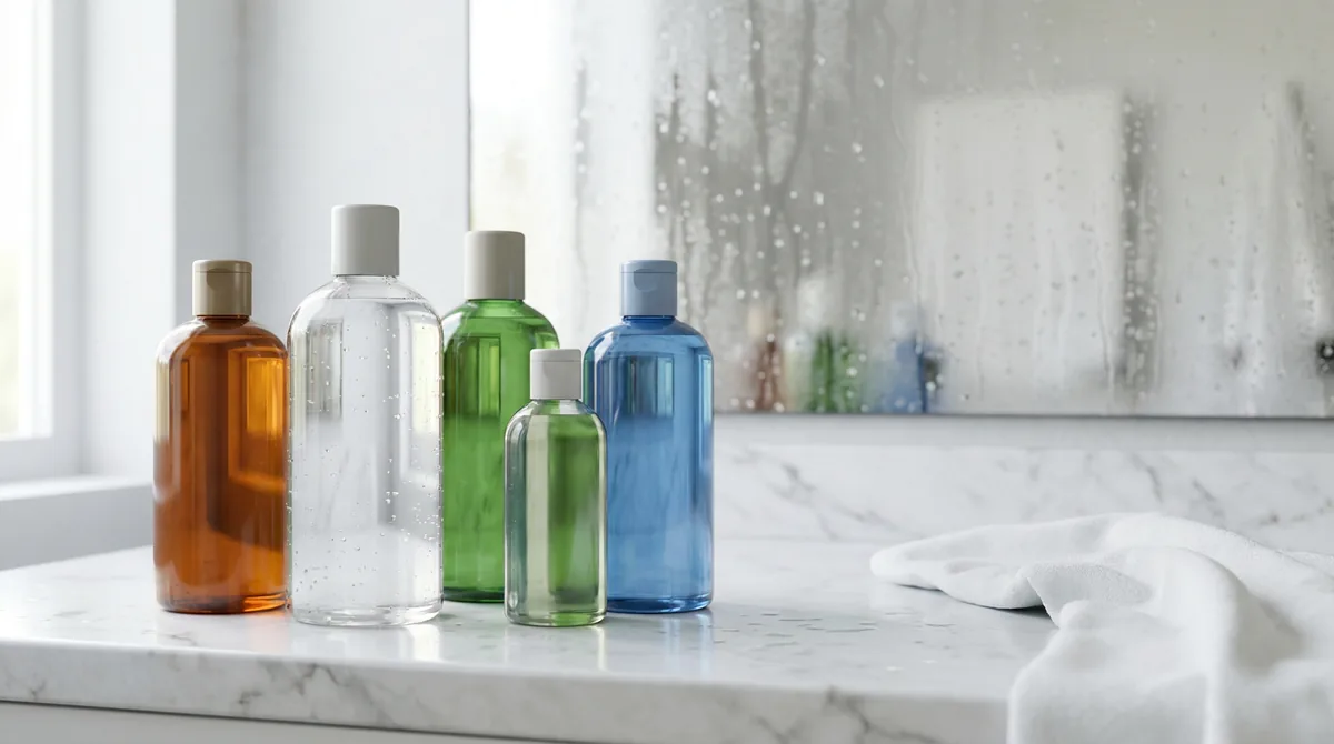 Various shampoo bottles arranged on a bathroom counter with water droplets and humidity condensation visible on mirror in background
