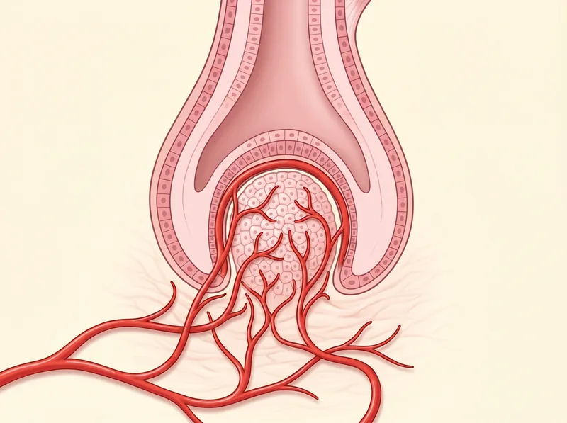 Diagram showing the dermal papilla structure at the base of a hair follicle with labeled blood vessel connections