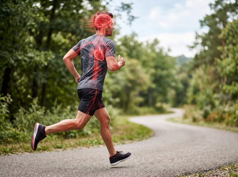 Man running outdoors with illustrated overlay showing increased blood flow to scalp during cardio exercise