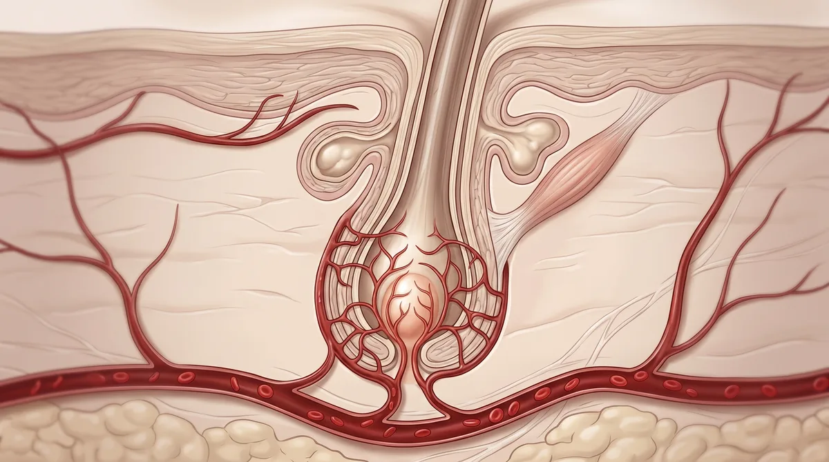 Close-up cross-section illustration of a hair follicle showing blood vessel network and dermal papilla with red blood cells flowing through capillaries