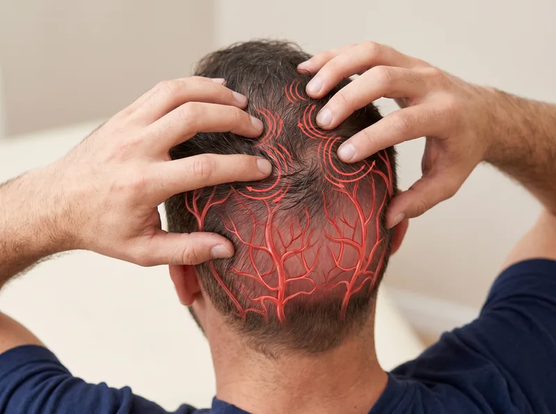 Hands performing scalp massage technique with illustrated blood flow increase beneath the skin
