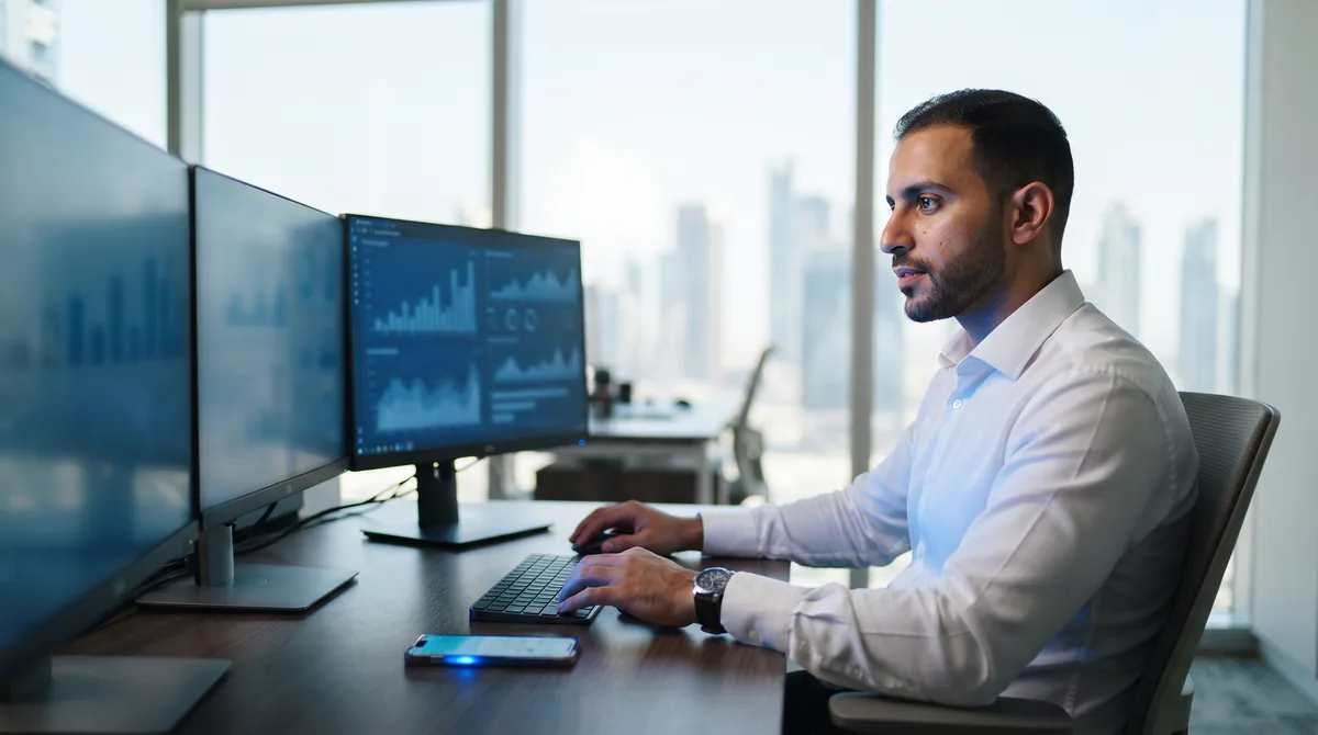 Man in modern Gulf office environment working on multiple screens with visible blue light glow on facial skin
