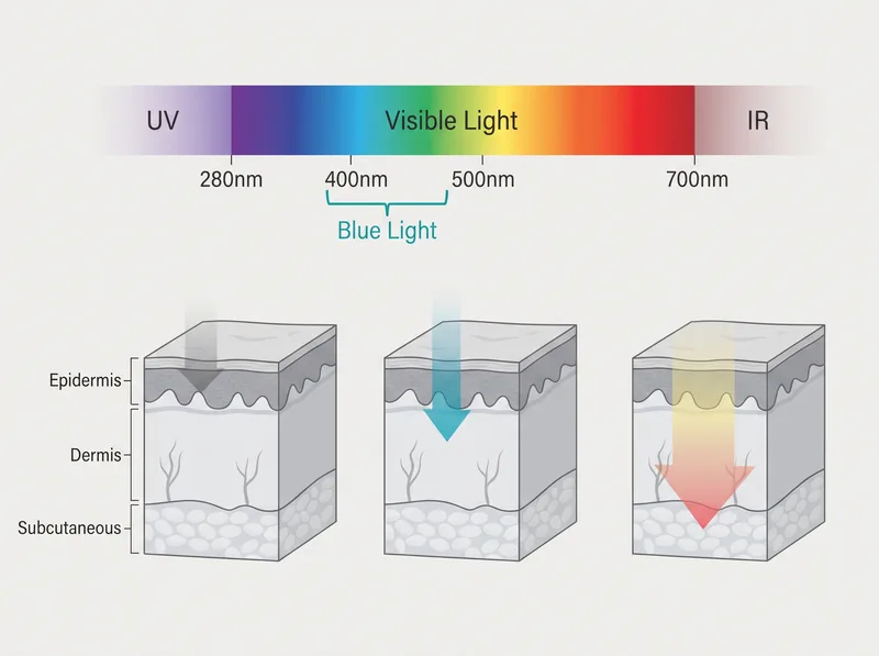 Scientific diagram showing electromagnetic spectrum with blue light wavelength range highlighted between UV and visible light