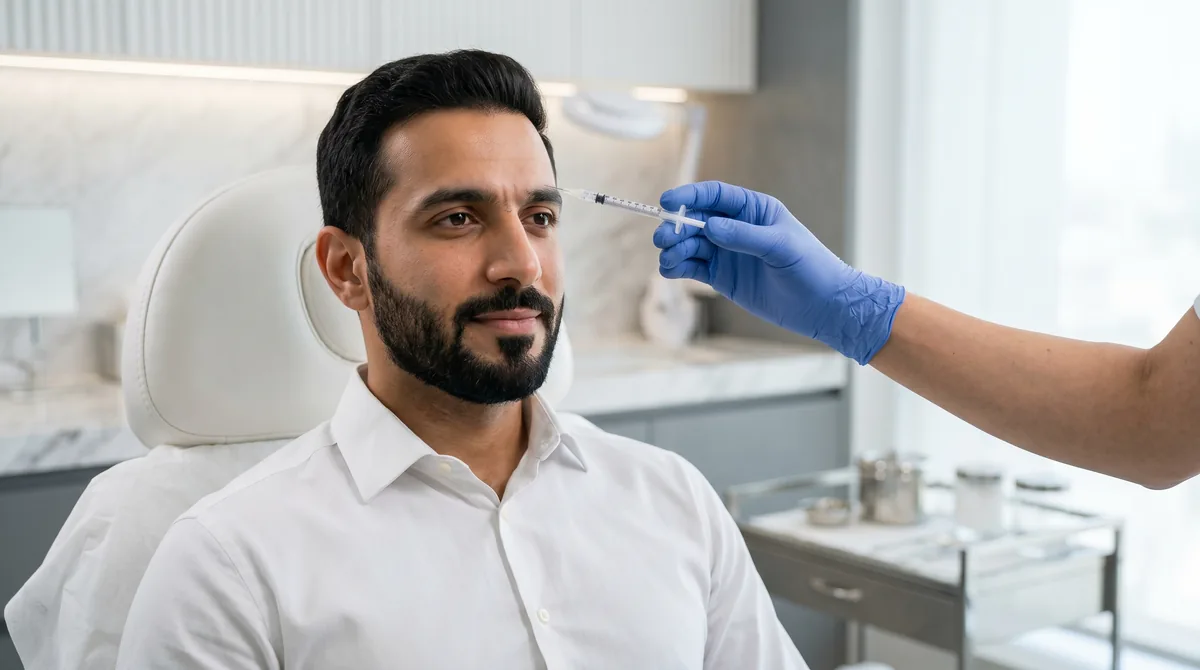 Professional male patient receiving Botox injection consultation in modern Gulf medical clinic
