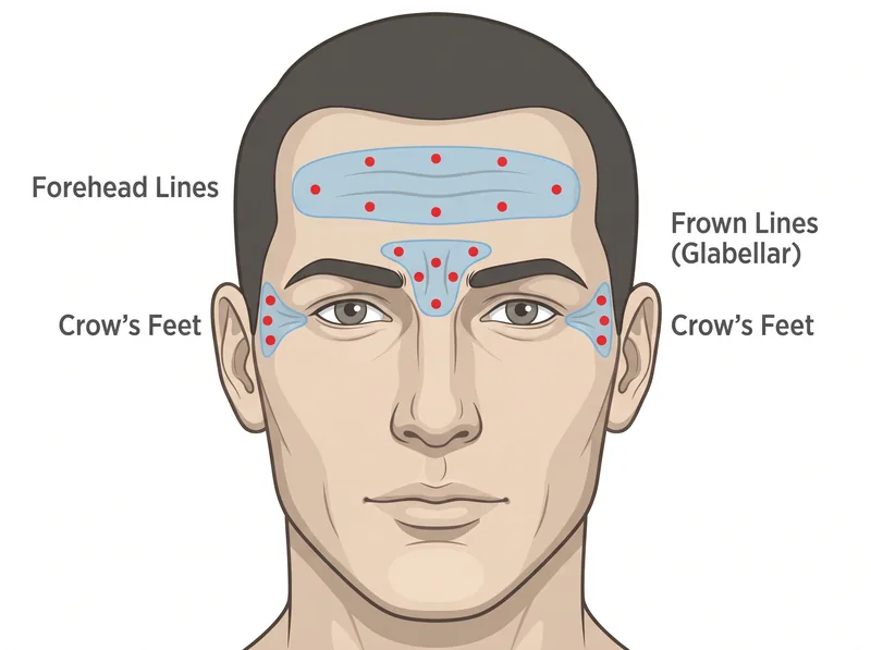 Anatomical diagram showing common Botox injection zones for men including forehead, crow's feet, and frown lines