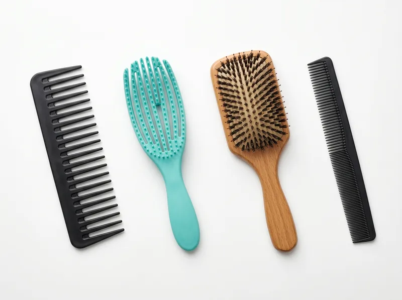 Four different hair brushes and combs arranged on white surface: wide-tooth comb, detangling brush, paddle brush, and fine-tooth comb