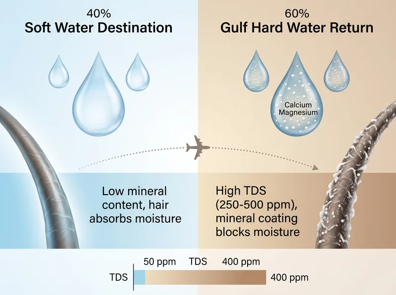 Split comparison showing soft water destination versus Gulf hard water return with mineral buildup visualization