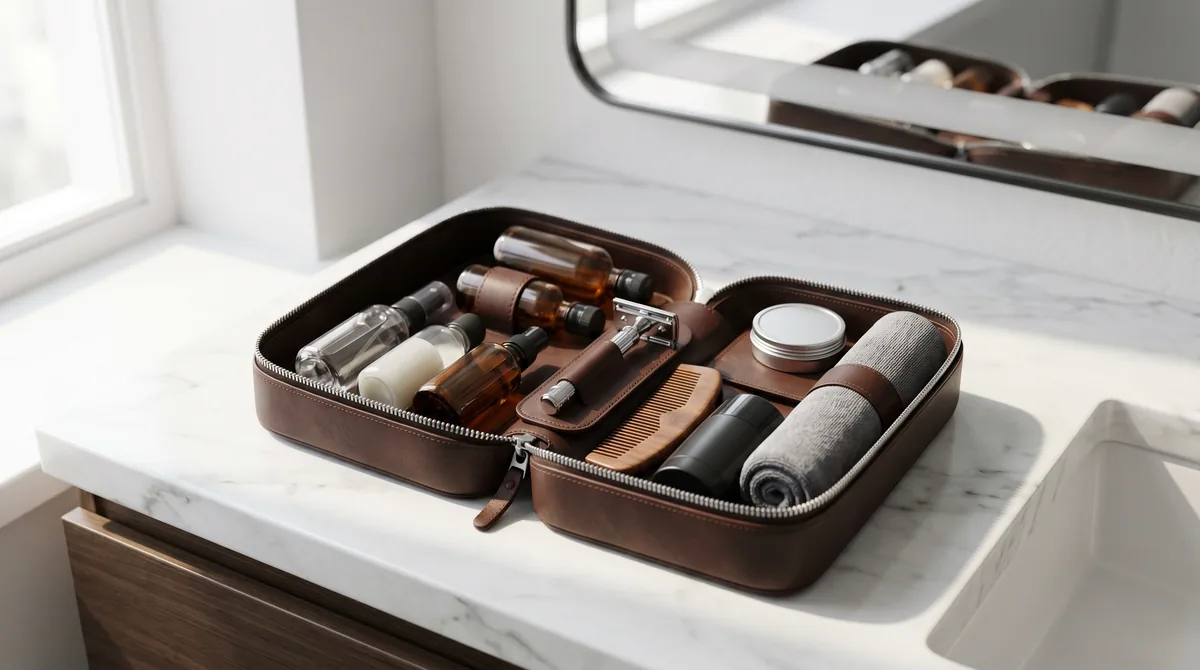 Premium leather dopp kit open on hotel bathroom counter with travel-size grooming products arranged systematically
