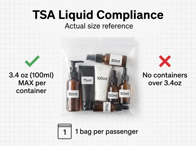 TSA 3-1-1 liquid rule diagram showing compliant travel bottles in clear quart bag