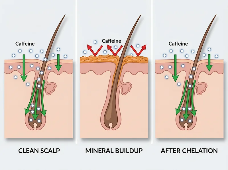 Scientific diagram showing how mineral buildup blocks caffeine penetration through scalp layers