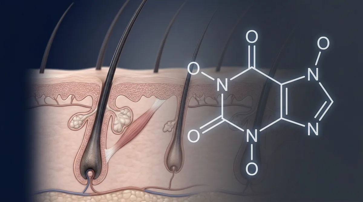 Close-up of hair follicles and scalp with caffeine molecule structure overlay in scientific visualization style