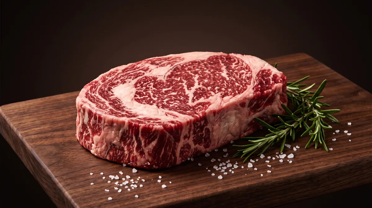 Raw ribeye steak on wooden cutting board with rosemary and sea salt, dramatic side lighting emphasizing marbling and texture