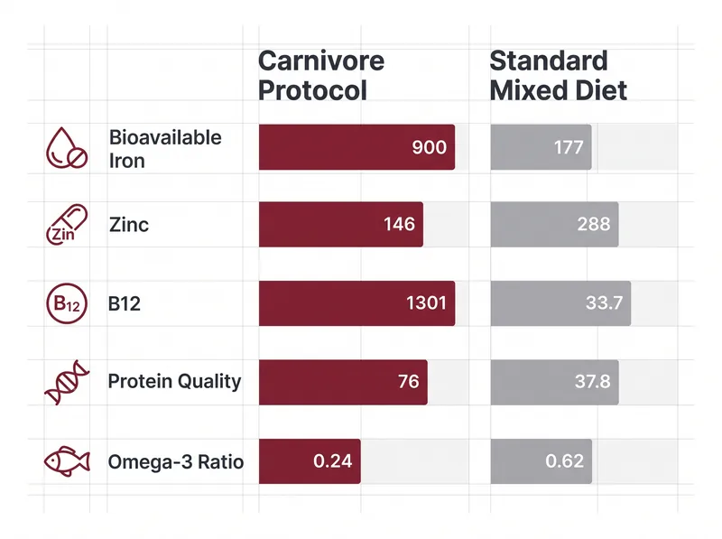 Infographic comparing nutrient density of carnivore diet versus standard diet for hair-critical nutrients