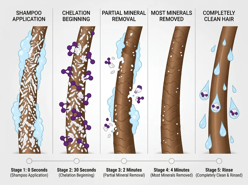 Timeline infographic showing the progressive action of chelating shampoo from application to mineral removal
