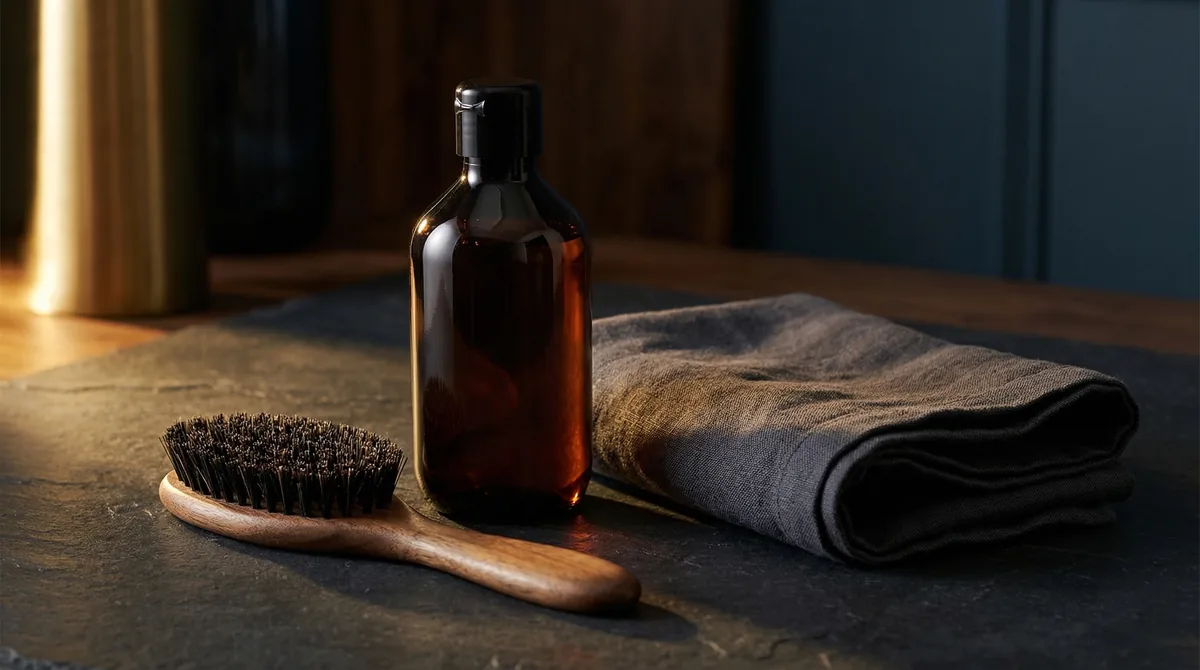 Chelating shampoo bottles lined up on a bathroom shelf