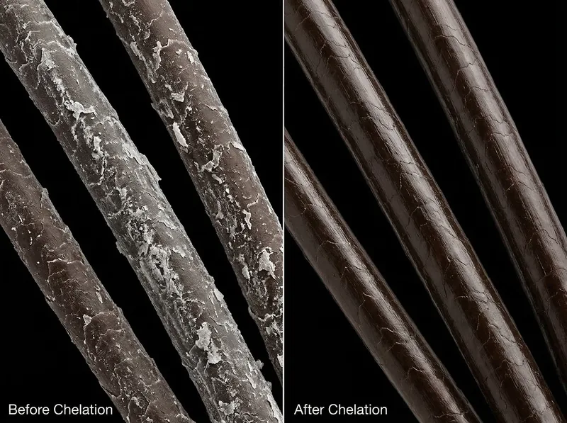 Before and after comparison showing hair strands with white mineral coating versus clean strands after chelating treatment
