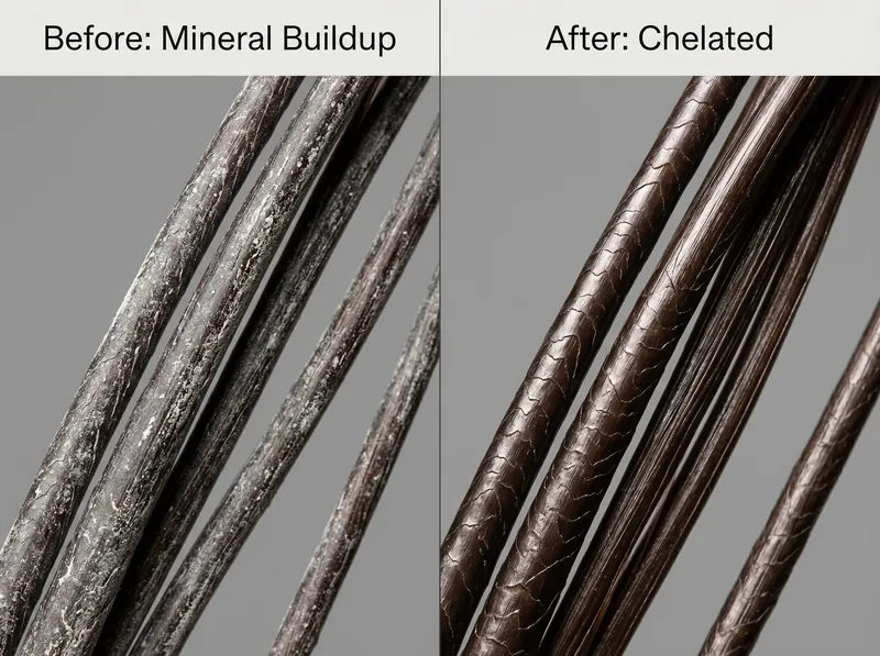 Before and after comparison showing mineral buildup on hair strands under magnification